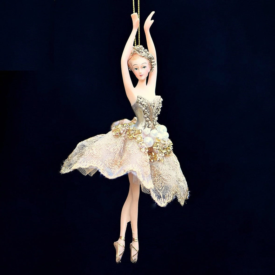 Ballerina mit Tüllröckchen und Perlen / die Arme nach oben Weihnachtsbaumschmuck Kunsthandel Rueckeshaeuser