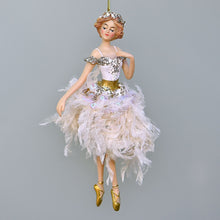 Lade das Bild in den Galerie-Viewer, Exquisite Ballerina mit feinem Federröckchen - silber/gold Weihnachtsbaumschmuck Kunsthandel Rueckeshaeuser