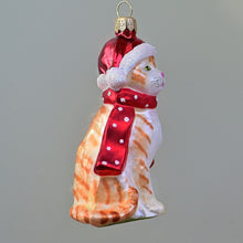Lade das Bild in den Galerie-Viewer, Katze mit Mütze und Schal Mundgeblasener Weihnachtsschmuck Kunsthandel Rueckeshaeuser