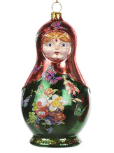 Lade das Bild in den Galerie-Viewer, Matrjoschka Puppe in rot/grün glänzend aus Glas, 14 cm Mundgeblasener Weihnachtsschmuck Kunsthandel Rueckeshaeuser