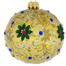 Lade das Bild in den Galerie-Viewer, Mundgeblasene Weihnachtskugel / helles gold transparent mit Blüten 8 cm Mundgeblasene Weihnachtskugel Kunsthandel Rueckeshaeuser