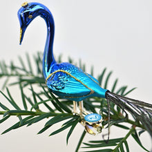 Lade das Bild in den Galerie-Viewer, Pfau mit Krone / matt türkis, dunkelblau glänzend Mundgeblasener Weihnachtsschmuck Kunsthandel Rueckeshaeuser