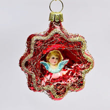 Lade das Bild in den Galerie-Viewer, Roter Stern mit Engelsköpfchen, blauer Flügel Mundgeblasener Weihnachtsschmuck Kunsthandel Rueckeshaeuser