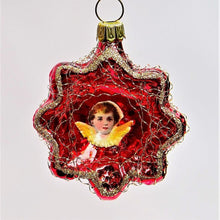 Lade das Bild in den Galerie-Viewer, Roter Stern mit Engelsköpfchen, gelber Flügel Mundgeblasener Weihnachtsschmuck Kunsthandel Rueckeshaeuser