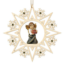 Lade das Bild in den Galerie-Viewer, Stern mit Herzengel und Geschenkpäckchen / Kristalle und Goldfaden in Geschenkbox Weihnachtsbaumschmuck Kunsthandel Rueckeshaeuser