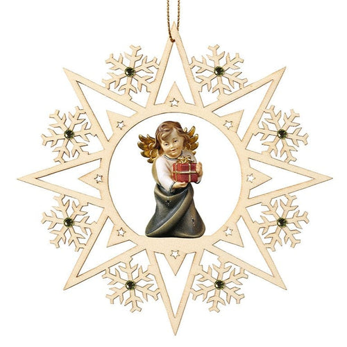 Stern mit Herzengel und Geschenkpäckchen / Kristalle und Goldfaden in Geschenkbox Weihnachtsbaumschmuck Kunsthandel Rueckeshaeuser
