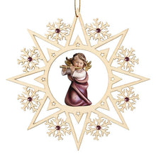 Lade das Bild in den Galerie-Viewer, Stern mit Herzengel und Querflöte / Kristalle und Goldfaden in Geschenkbox Weihnachtsbaumschmuck Kunsthandel Rueckeshaeuser