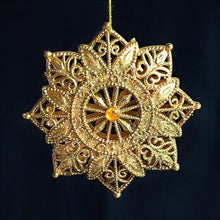 Lade das Bild in den Galerie-Viewer, Goldener Stern mit filigranem Muster und gelbem Schmuckstein Weihnachtsbaumschmuck Kunsthandel Rueckeshaeuser