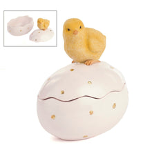Lade das Bild in den Galerie-Viewer, Küken auf Eidose mit goldenen Punkten, Höhe ca. 10 cm Osterdekoration Kunsthandel Rueckeshaeuser