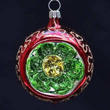 Lade das Bild in den Galerie-Viewer, Mundgeblasene Reflexkugel / rot/gold/grün glänzend 6 cm Mundgeblasene Weihnachtskugel Kunsthandel Rueckeshaeuser