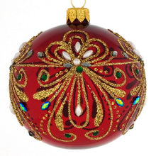 Lade das Bild in den Galerie-Viewer, Mundgeblasene Weihnachtskugel rot/gold, glänzend/transparent mit floralem Muster 8 cm Mundgeblasene Weihnachtskugel Kunsthandel Rueckeshaeuser