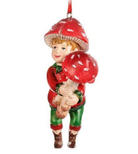 Lade das Bild in den Galerie-Viewer, Nostalgisches Pilzkind  / Junge einen Fliegenpilz tragend Weihnachtsbaumschmuck Kunsthandel Rueckeshaeuser
