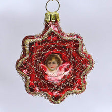 Lade das Bild in den Galerie-Viewer, Roter Stern mit Engelsköpfchen, rosa Flügel Mundgeblasener Weihnachtsschmuck Kunsthandel Rueckeshaeuser