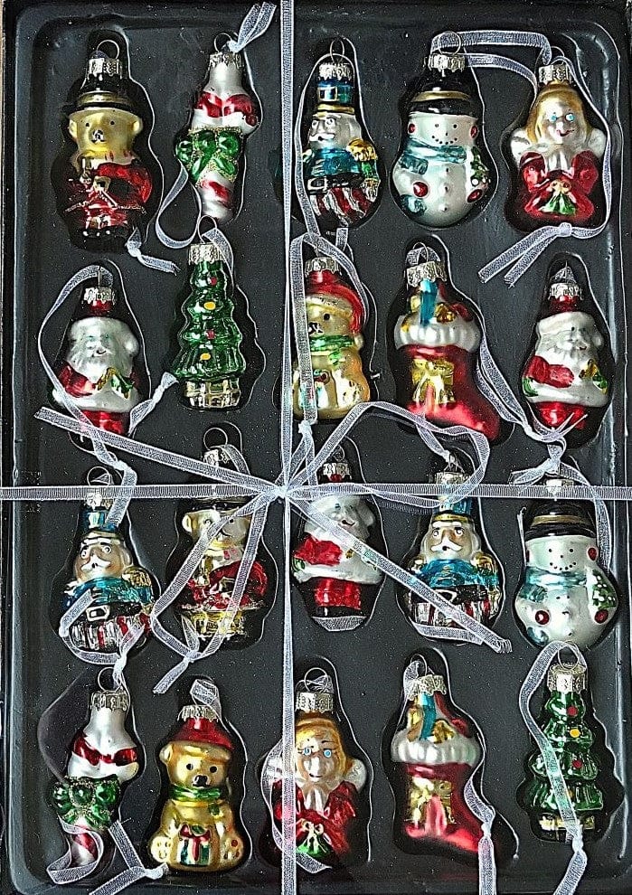 20 kleine, klassische Weihnachtsfiguren aus Glas Mundgeblasener Weihnachtsschmuck Kunsthandel Rueckeshaeuser