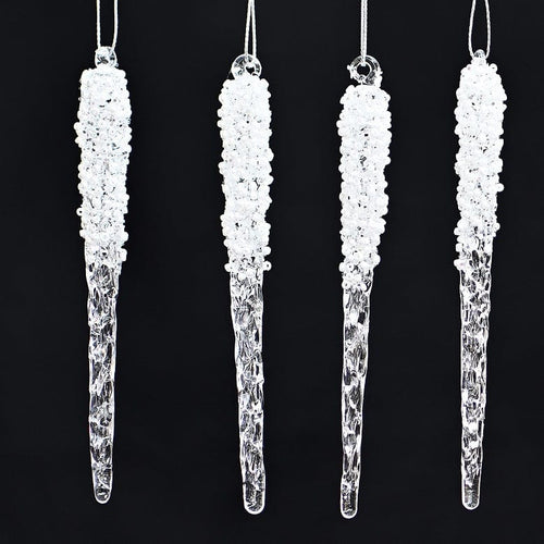 4-Set / Eiszapfen aus Glas mit kleinen, weißen Perlen Weihnachtsbaumschmuck Kunsthandel Rueckeshaeuser