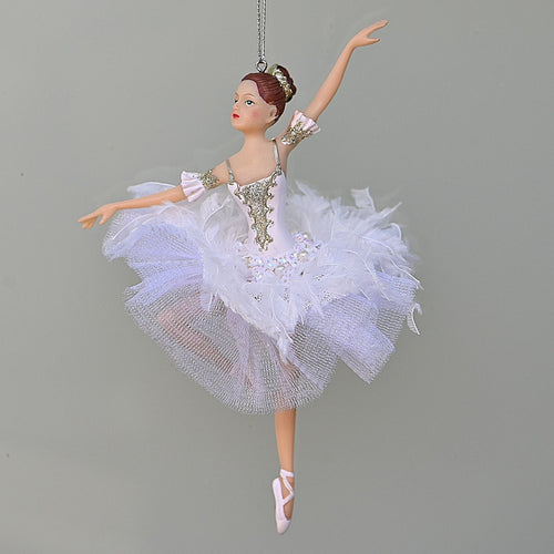 Ballerina im weißen Ballettkleid / ein Bein angewinkelt Weihnachtsbaumschmuck Kunsthandel Rueckeshaeuser