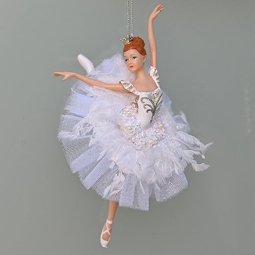 Ballerina im weißen Ballettkleid / ein Bein nach oben Weihnachtsbaumschmuck Kunsthandel Rueckeshaeuser