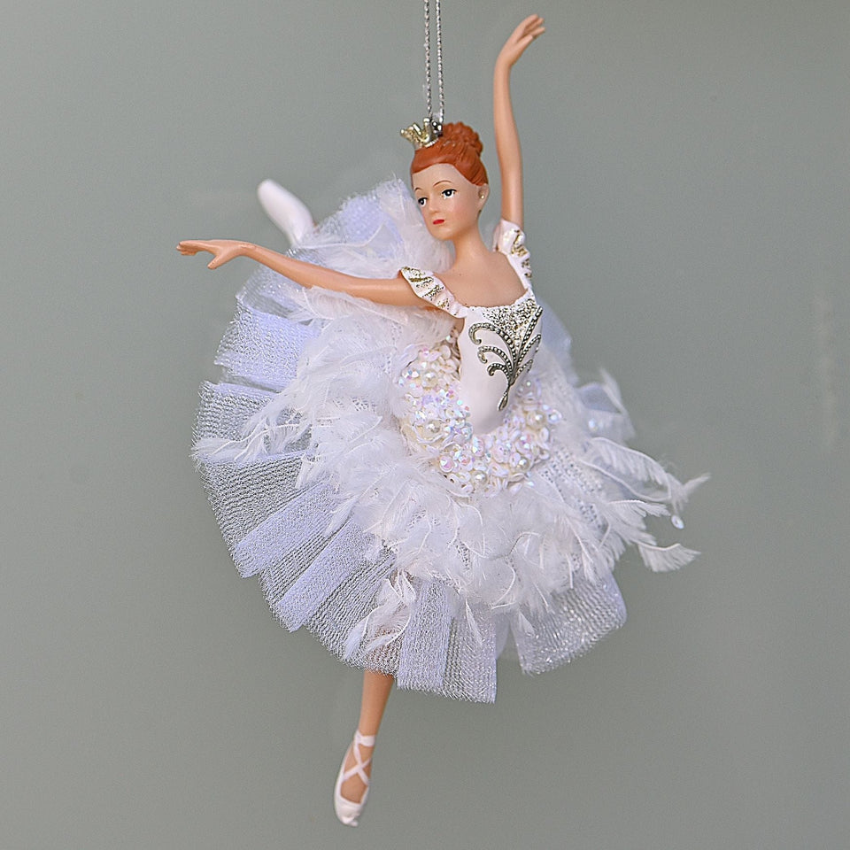 Ballerina im weißen Ballettkleid / ein Bein nach oben Weihnachtsbaumschmuck Kunsthandel Rueckeshaeuser
