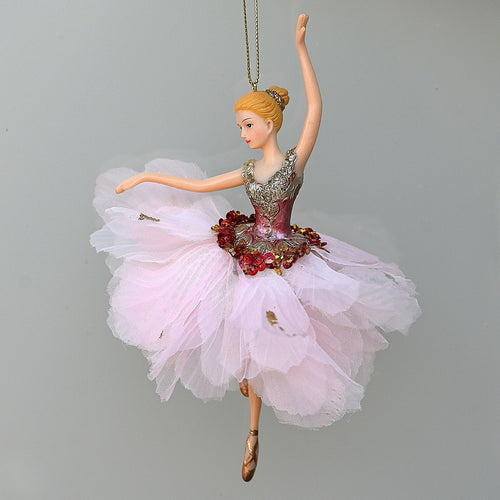 Ballerina in exquisitem pink/rosa Ballettkleid / Bein angewinkelt und linker Arm nach oben Weihnachtsbaumschmuck Kunsthandel Rueckeshaeuser