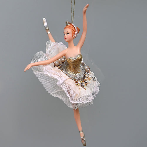 Ballerina in goldenem/zartrosa Ballettkleid / ein Bein nach oben Weihnachtsbaumschmuck Kunsthandel Rueckeshaeuser