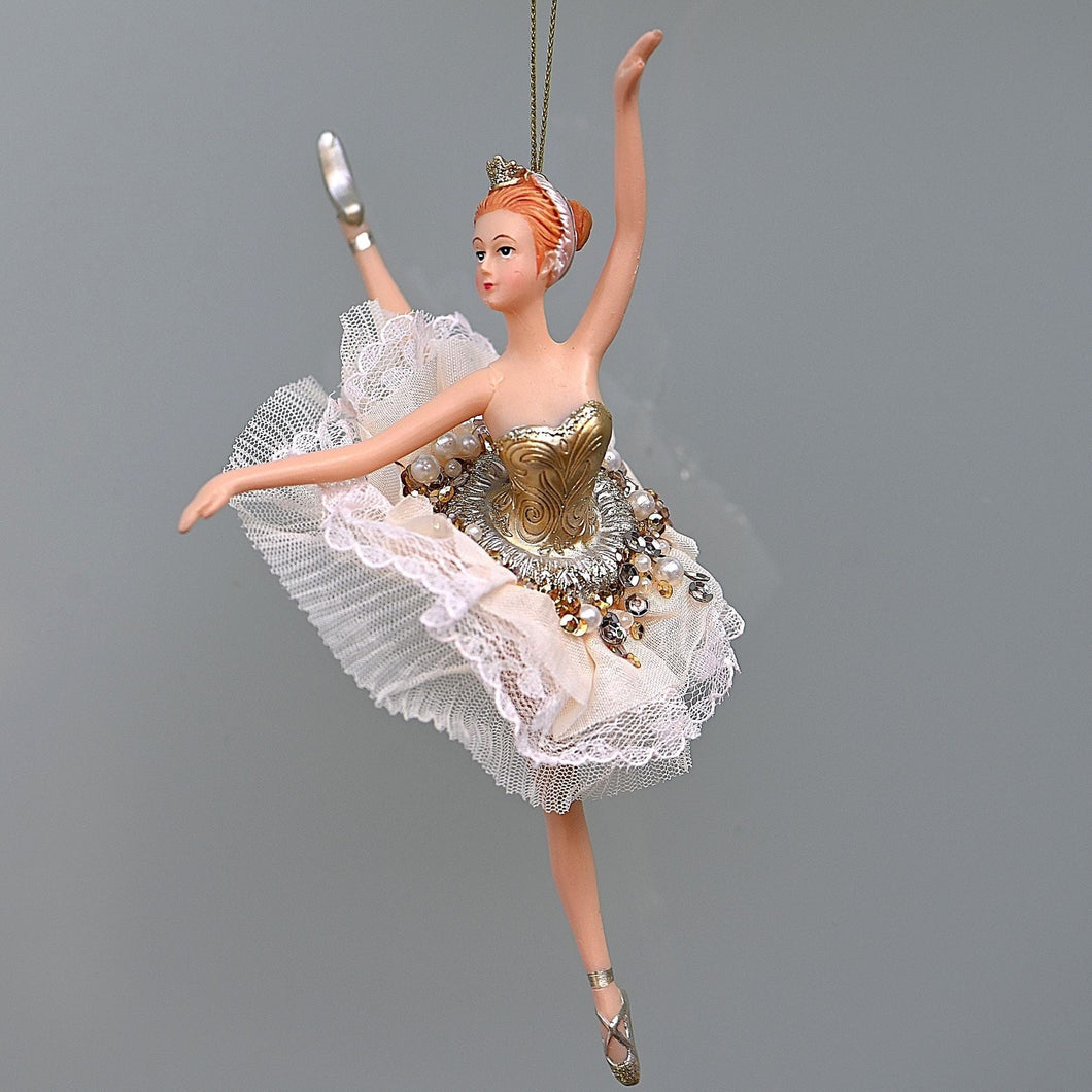 Ballerina in goldenem/zartrosa Ballettkleid / ein Bein nach oben Weihnachtsbaumschmuck Kunsthandel Rueckeshaeuser