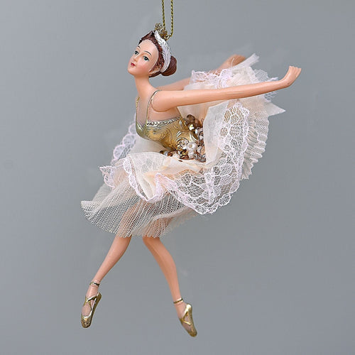 Ballerina in goldenem/zartrosa Ballettkleid / nach vorne gebeugt Weihnachtsbaumschmuck Kunsthandel Rueckeshaeuser