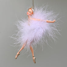 Lade das Bild in den Galerie-Viewer, Ballerina in weißem Federröckchen / nach vorne gebeugt Weihnachtsbaumschmuck Kunsthandel Rueckeshaeuser
