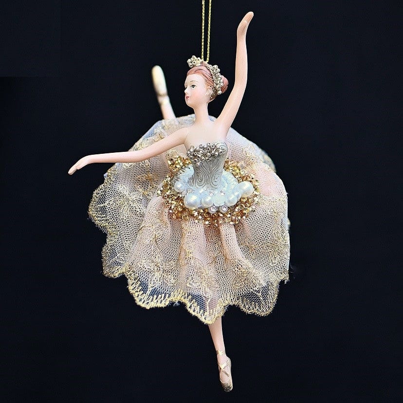 Ballerina mit Tüllröckchen und Perlen / ein Bein nach oben Weihnachtsbaumschmuck Kunsthandel Rueckeshaeuser