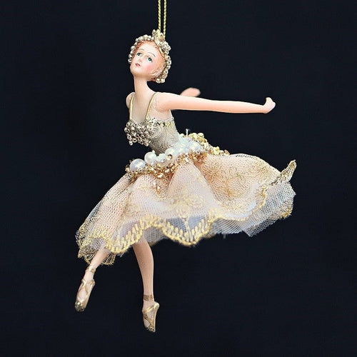 Ballerina mit Tüllröckchen und Perlen / nach vorne gebeugt Weihnachtsbaumschmuck Kunsthandel Rueckeshaeuser