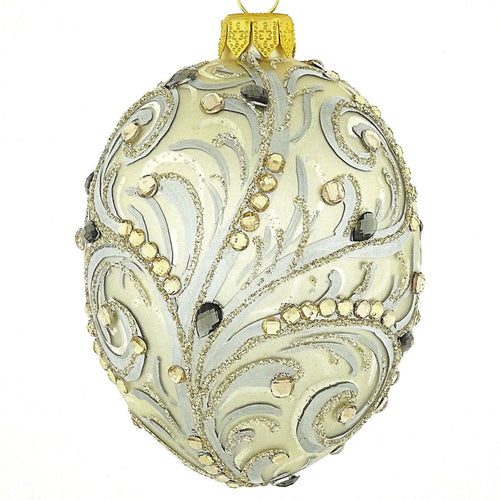 Bezaubernde mundgeblasene Weihnachtskugel im Fabergé-Stil, champgner matt/silber matt, Höhe ca. 10 cm Mundgeblasene Weihnachtskugel Kunsthandel Rueckeshaeuser