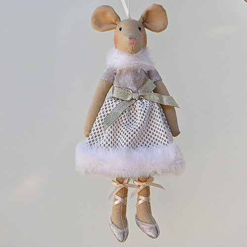 Elegante Maus in feinem Winterkleidchen Mundgeblasener Weihnachtsschmuck Kunsthandel Rueckeshaeuser