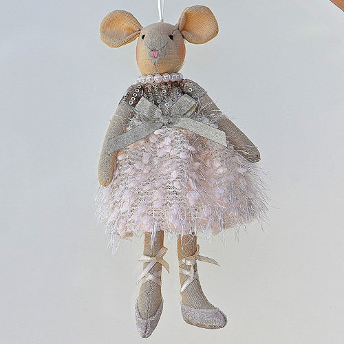 Elegante Maus mit Paillettenoberteil und Perlenkette Mundgeblasener Weihnachtsschmuck Kunsthandel Rueckeshaeuser