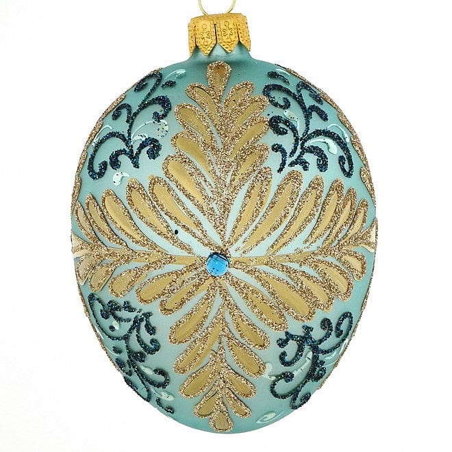 Exquisite Mundgeblasene Weihnachtskugel im Fabergé-Stil, türkis matt, Höhe ca. 10 cm Mundgeblasene Weihnachtskugel Kunsthandel Rueckeshaeuser