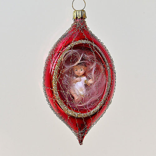 Exquisite rote Weihnachtskugel in Olivenform mit Jesuskind Mundgeblasene Weihnachtskugel Kunsthandel Rueckeshaeuser