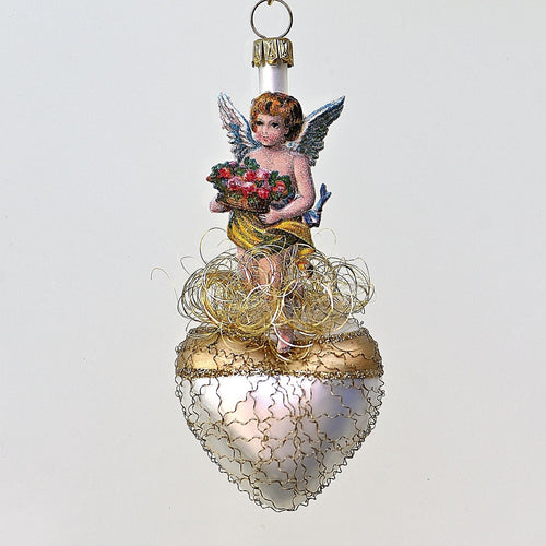 Herz mit Engelchen und Rosenkorb Mundgeblasener Weihnachtsschmuck Kunsthandel Rueckeshaeuser