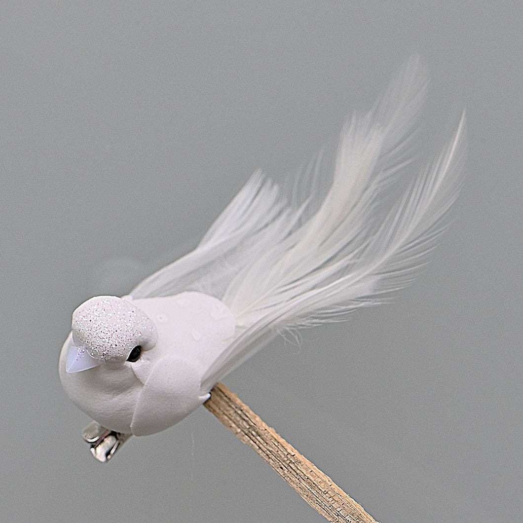 Kleiner weißer Vogel auf Clip geradeaus schauend Weihnachtsdekoration Kunsthandel Rueckeshaeuser