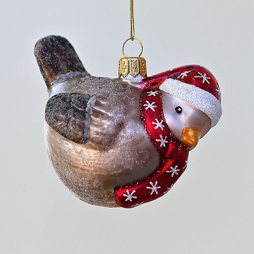 Lustiger Vogel mit Mütze und Schal Mundgeblasener Weihnachtsschmuck Kunsthandel Rueckeshaeuser
