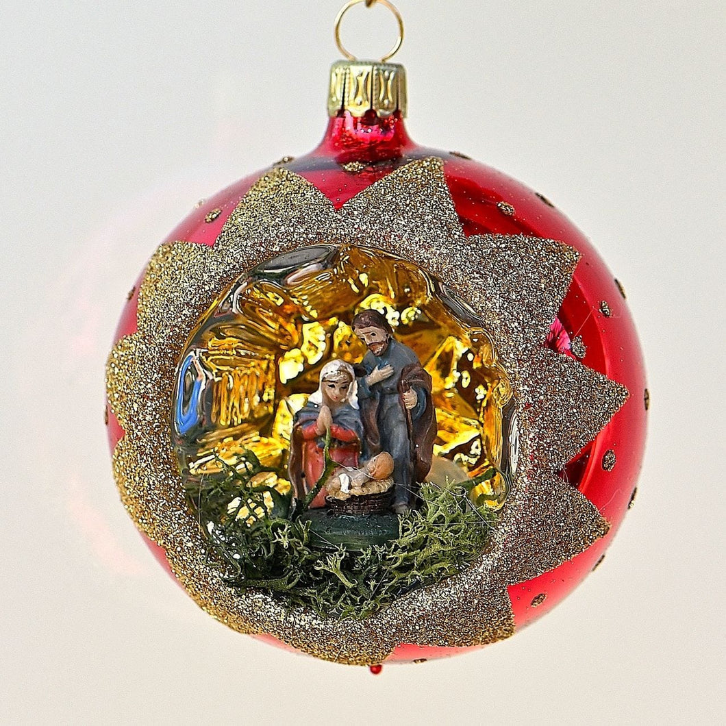 Mundgeblasene rote Weihnachtskugel, Heilige Familie, 8 cm Mundgeblasene Weihnachtskugel Kunsthandel Rueckeshaeuser
