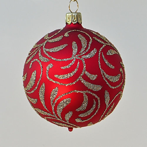 Mundgeblasene rote Weihnachtskugel mit Rankenmuster aus Lauscha, 7 cm Mundgeblasene Weihnachtskugel Kunsthandel Rueckeshaeuser