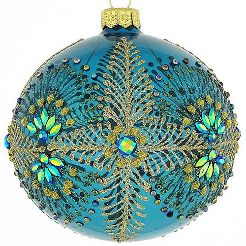 Mundgeblasene Weihnachtskugel, blau/grün transparent mit außergewöhnlichem Muster, 8 cm Mundgeblasene Weihnachtskugel Kunsthandel Rueckeshaeuser