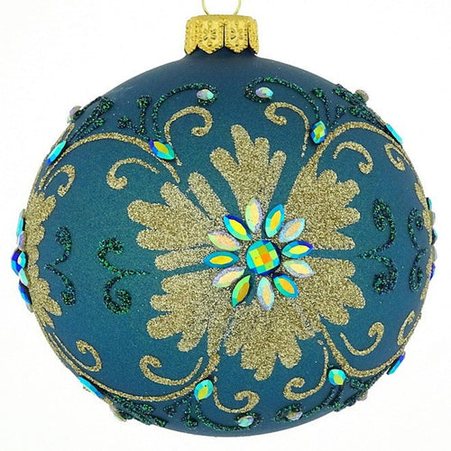 Mundgeblasene Weihnachtskugel, blau matt mit großen, goldenen Blüten, 10 cm Mundgeblasene Weihnachtskugel Kunsthandel Rueckeshaeuser