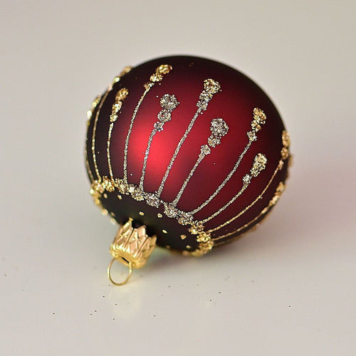 Mundgeblasene Weihnachtskugel, bordeauxrot matt mit goldenen Pünktchen, 6 cm Mundgeblasener Weihnachtsschmuck Kunsthandel Rueckeshaeuser