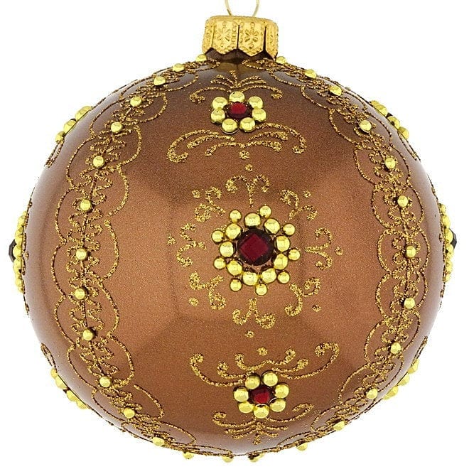 Mundgeblasene Weihnachtskugel / braun glänzend mit goldenem Muster / 10 cm Mundgeblasene Weihnachtskugel Kunsthandel Rueckeshaeuser