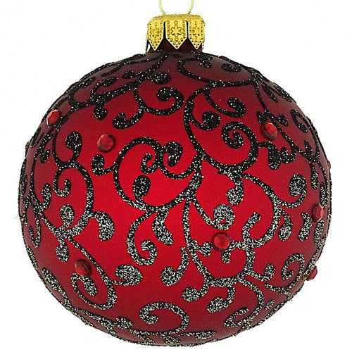 Mundgeblasene Weihnachtskugel, dunkles rot matt mit Ranken, 8 cm Mundgeblasene Weihnachtskugel Kunsthandel Rueckeshaeuser