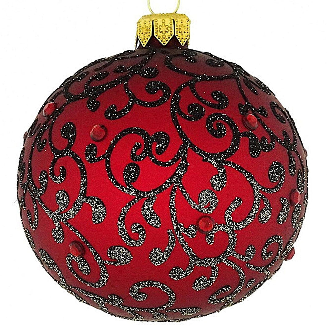 Mundgeblasene Weihnachtskugel, dunkles rot matt mit Ranken, 8 cm Mundgeblasene Weihnachtskugel Kunsthandel Rueckeshaeuser