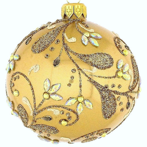 Mundgeblasene Weihnachtskugel, gold matt mit floralem Muster, 8 cm Mundgeblasene Weihnachtskugel Kunsthandel Rueckeshaeuser