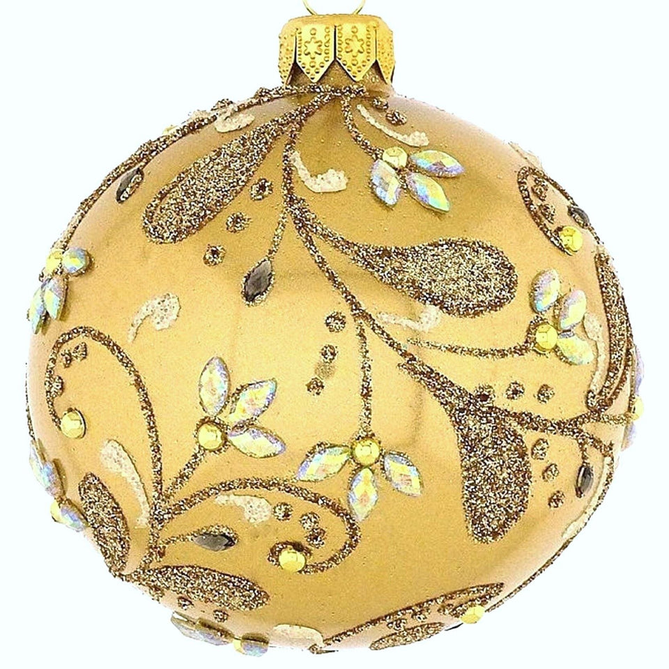 Mundgeblasene Weihnachtskugel, gold matt mit floralem Muster, 8 cm Mundgeblasene Weihnachtskugel Kunsthandel Rueckeshaeuser