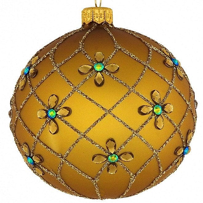 Mundgeblasene Weihnachtskugel / gold matt mit Rauten und Blüten / 8 cm Mundgeblasene Weihnachtskugel Kunsthandel Rueckeshaeuser