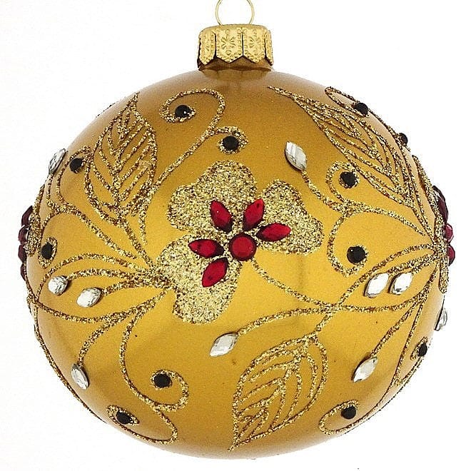 Mundgeblasene Weihnachtskugel, gold matt mit wunderschönem floralem Muster, 10 cm Mundgeblasene Weihnachtskugel Kunsthandel Rueckeshaeuser