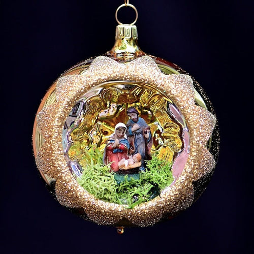 Mundgeblasene Weihnachtskugel / Heilige Familie 8 cm / gold Mundgeblasene Weihnachtskugel Kunsthandel Rueckeshaeuser